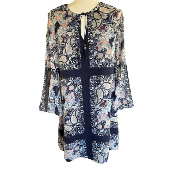 Vince Camuto Dress Blue Sheer Bell Sleeves Floral Lined Sz 8 Feminine Whimsical - Picture 1 of 10